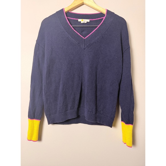 Boden Sweaters - Boden Navy Blue V Neck Sweater Pink Trim Yellow Cuffs Women US 4